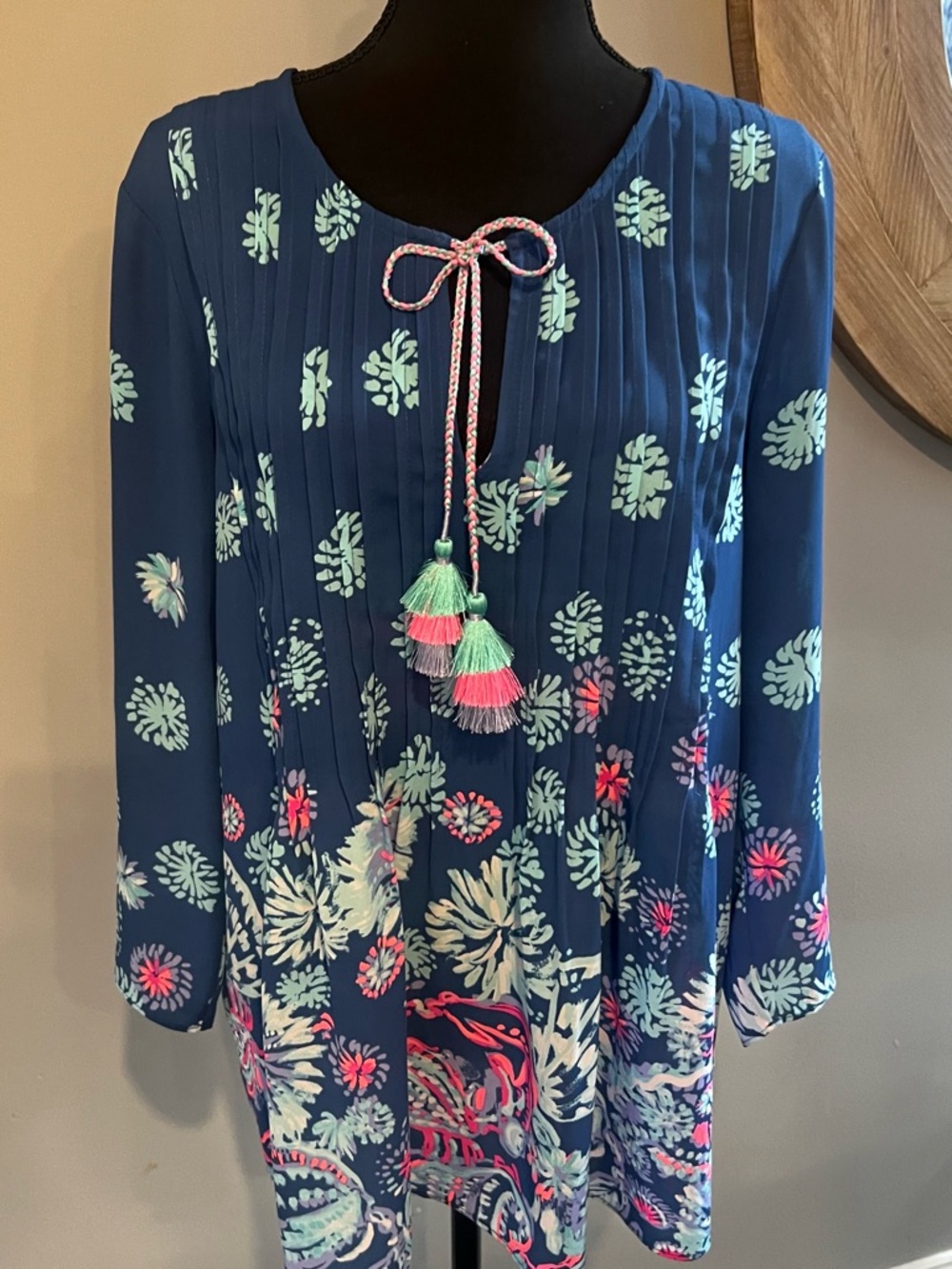 Lilly Pulitzer Marlina Tunic F Tassel-Tie Navy with Mint & Coral Accents